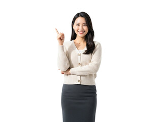 Woman pointing with confidence isolated on transparent background