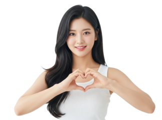 Young woman making heart shape with hands isolated on transparent background