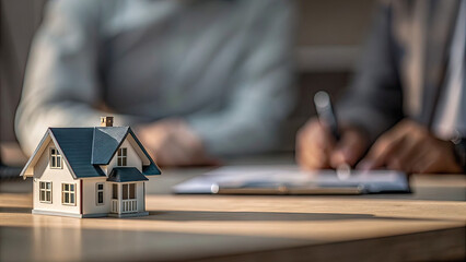 House model on desk during businessman signs concept. Miniature house model on desk with people discussing documents.