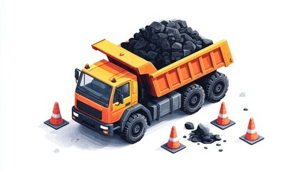 A bright, cartoon dump truck hauling a load of coal with safety cones on site.