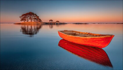 Red boat rests on calm water at sunrise with island trees reflected.