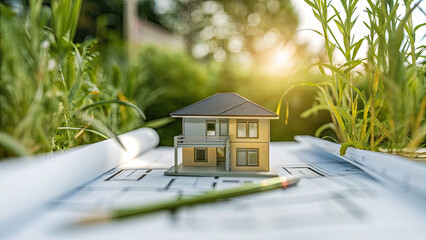 Eco friendly house on blueprints concept. Model house on blueprints surrounded by green grass and sunlight.