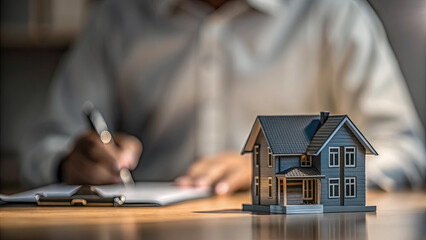 House model on desk during businessman signs concept. Model house beside person writing in a document at a desk.