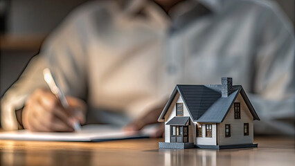 Contract signing with house model concept. Model house with person writing, symbolizing real estate planning.