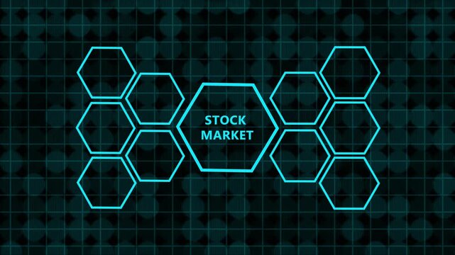 stoke marketing concept video  animation with various icon , A video showcasing a futuristic stock market graphic with various icons and a dark background