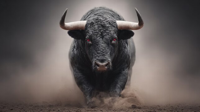 A powerful black bull charges forward, kicking up dust with intense red eyes.