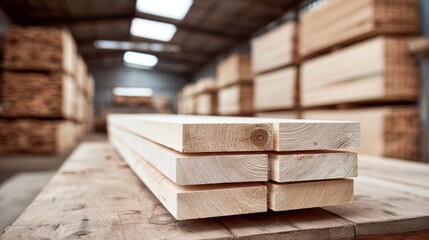 Stack of wooden planks in a lumberyard
