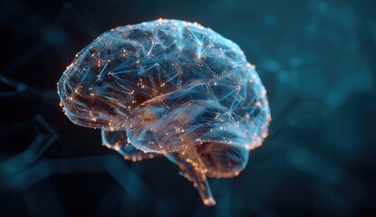 Ethereal glowing brain structure with connected lines on a dark backdrop