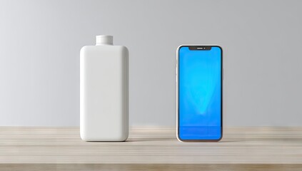 Clean white bottle and modern smartphone stand on wooden surface.
