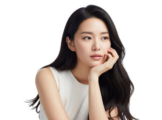 Fototapeta premium Young woman in thoughtful pose isolated on transparent background