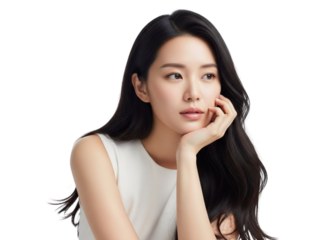 Young woman in thoughtful pose isolated on transparent background