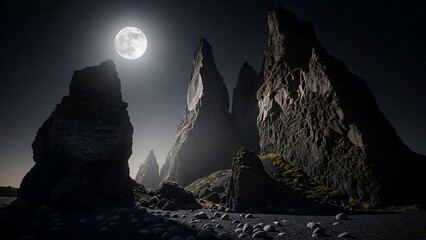Moonlit rocky landscape with sharp cliffs.