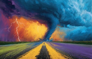 Stormy sky with tornado looming over colorful road with lightning strikes