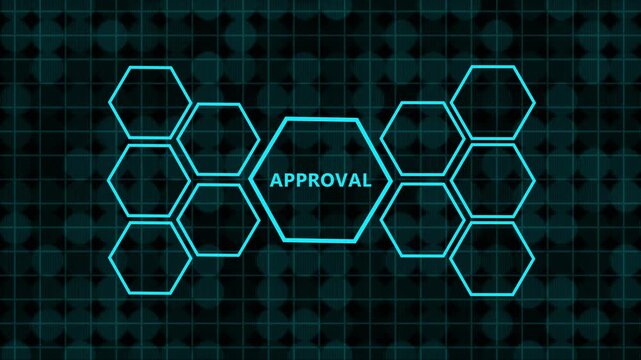 Approved text label stamp with checklist animation. Approved text sign , A video showcasing a modern approval process with various icons and graphics on a dark background