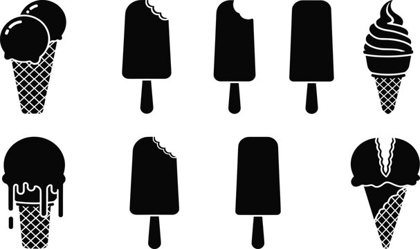 Black ice cream and popsicle silhouette collection featuring various scoop cones melting treats and bitten bars for summer dessert menu and vector design.
