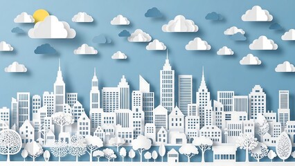 Fototapeta premium Cityscape with clouds and buildings.