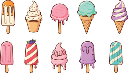 Colorful ice cream and popsicle collection featuring various fruit flavors swirl cones melting treats and summer snacks for dessert menu and vector design.