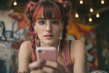 Young female streamer engaged in live streaming on her phone in an artistic urban setting with vibrant graffiti and warm string lights