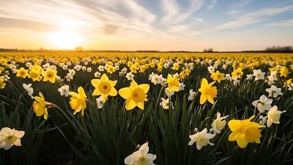 Golden Hour Daffodil and Narcissus Field - Beautiful Spring Flower Landscape Background
