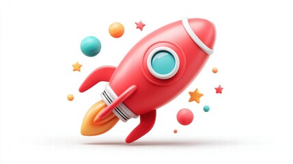3D Render of a Red Rocket with Colorful Planets and Stars