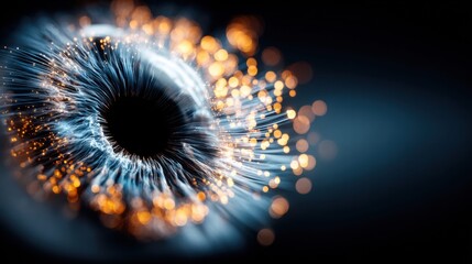 Intricate eye with glowing fiber optic details and a striking bokeh effect.