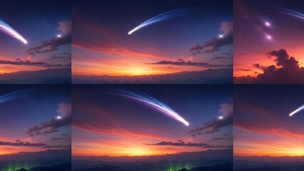 Meteor streaks across sunset sky clouds.