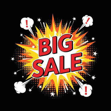 Big Sale Comic Book Pop Art Explosion with Exclamation Marks on Black Background