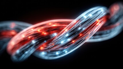 Illuminated fiber optic cables in red and blue against a dark background, representing technology.