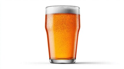 A refreshing pint of beer with condensation and a frothy head.