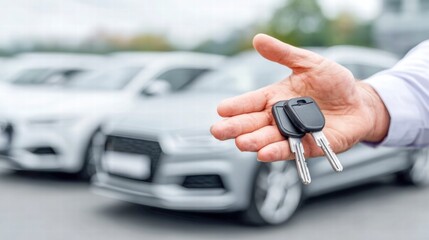 A hand holding car keys, symbolizing new car ownership or the act of selling.