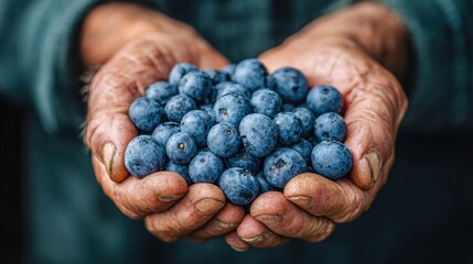 Hands cradling a generous handful of fresh, ripe blueberries.