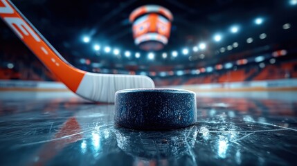An ice hockey puck on the rink, with a stick and arena in the background.