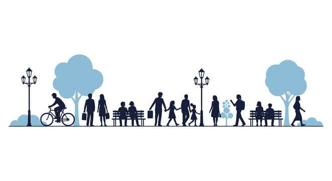A peaceful city park scene with people walking cycling and relaxing a beautiful silhouette