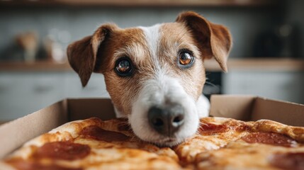 Curious dog looking at a delicious pizza in a cardboard box, close-up.
