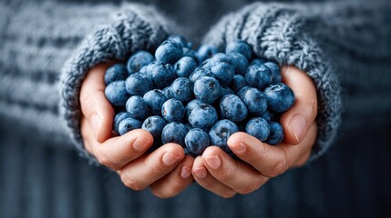 Hands holding a generous handful of fresh, ripe blueberries.