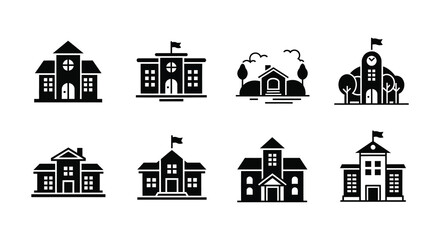 A collection of illustrated building icons in a simple black and white silhouette © Pvect02