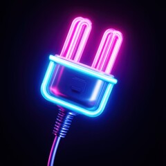 Glowing neon plug illustration symbolizing energy and technology in a futuristic style.