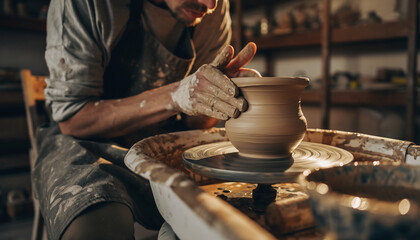 Person shaping a ceramic bowl on a pottery wheel in a studio.