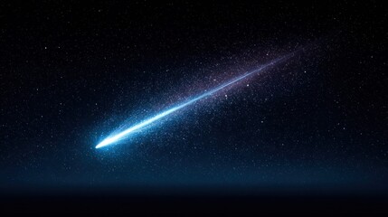 A bright comet streaks across a dark, starry night sky.