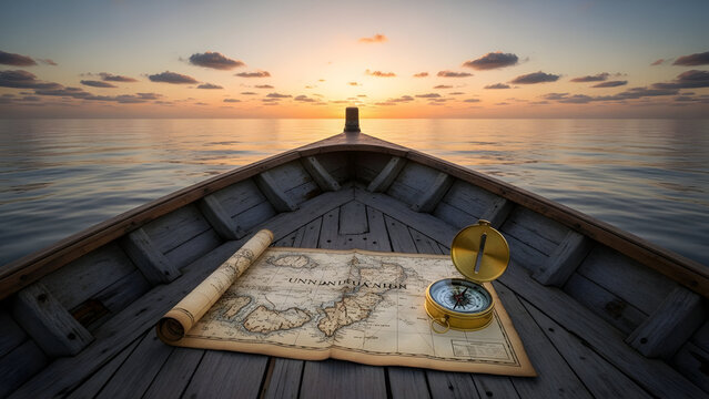 A serene wooden boat floats on calm waters with a vintage map and compass at sunset - Powered by Adobe