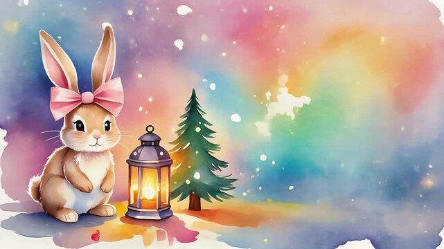 A cute cartoon rabbit standing in the snowy night beside a decorated Christmas tree, celebrating winter holidays in a playful and cheerful illustration style