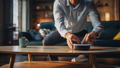 Person adjusting a robotic vacuum cleaner on a coffee table indoors.