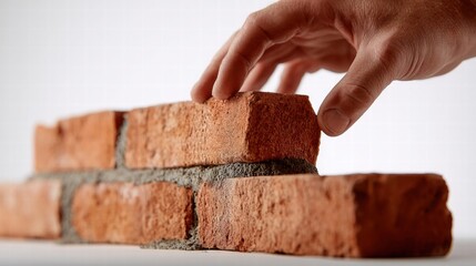 A hand carefully places a brick on a wall under construction, showcasing the process.