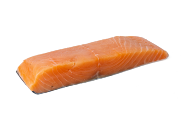Photo of fresh raw salmon taken with a high-resolution camera using the focus-stacking technique on a white background.