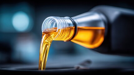 Motor oil being poured out of a bottle, showcasing a detailed close-up.