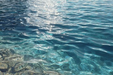 Obraz premium Tranquil close-up of crystalline blue water rippling gently under soft sunlight near the shore of a serene lake surrounded by natural beauty