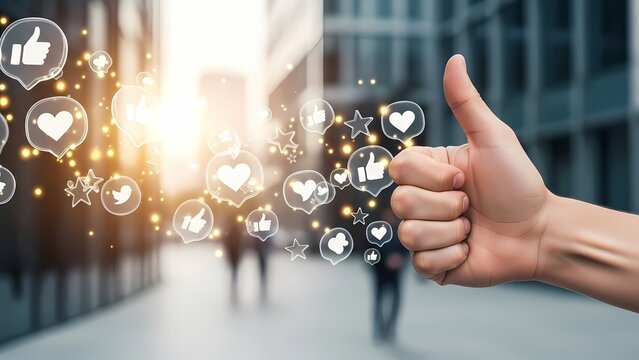 Hand giving thumbs up with social media icons - Powered by Adobe