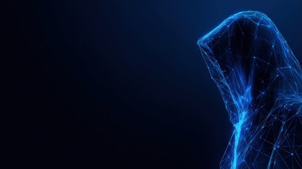An anonymous figure shrouded in digital darkness, embodies the mystery of cyber threats, its form composed of glowing lines against a deep. ..Created with Generative AI, not depicting real subjects.