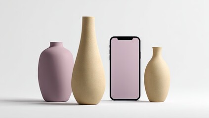 Elegant ceramic vases and a modern smartphone are displayed on a white background.