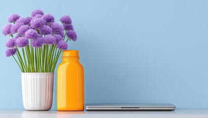 Purple flowers in a pot, orange bottle, and laptop on a shelf.